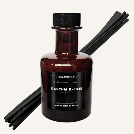 Diffuseur de parfum en verre ambré avec bâtonnets noirs - Voile de cachemire