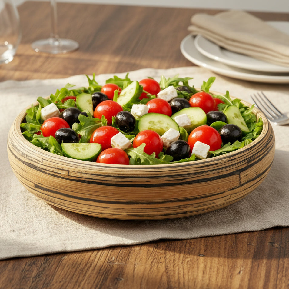 Bol en bambou rempli de salade fraîche, ambiance naturelle et moderne.
