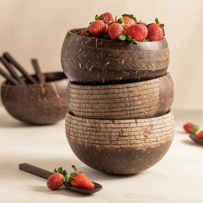 Bols en noix de coco empilés à la main fabrication artisanale