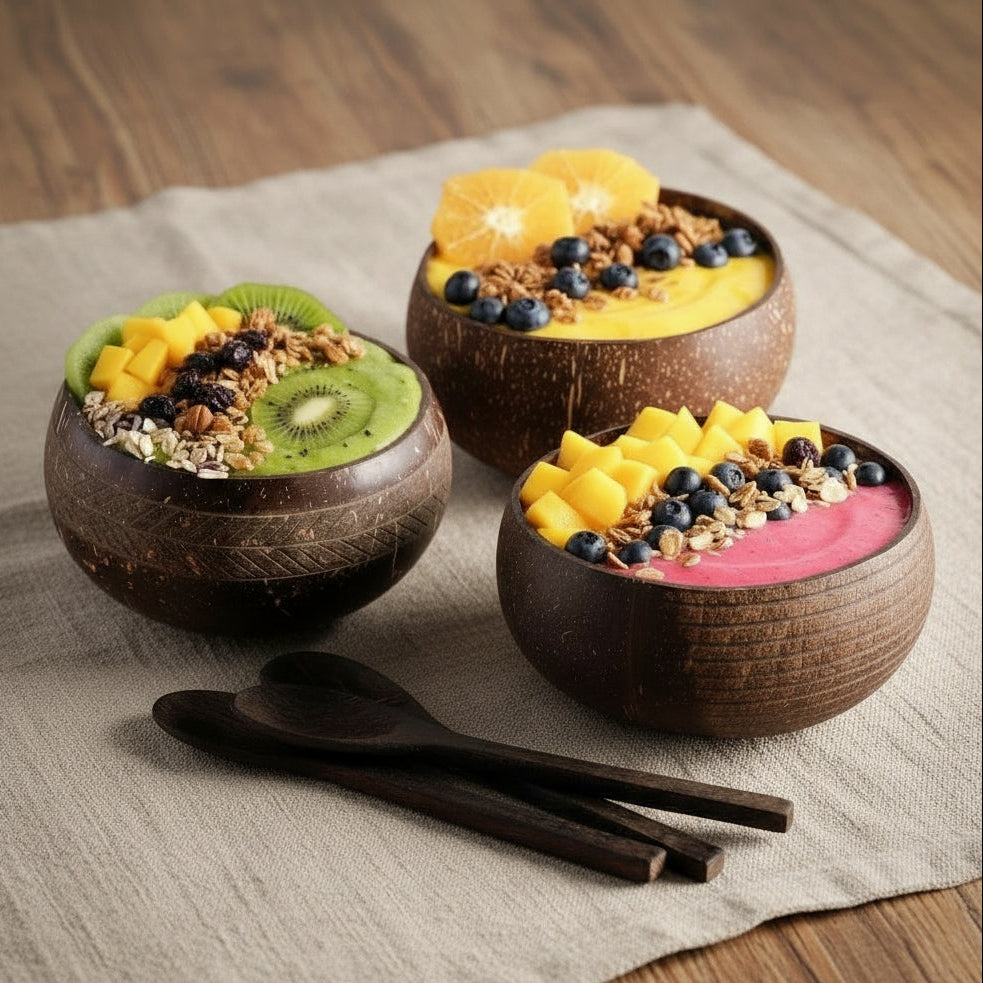 Bol en noix de coco utilisé pour un petit déjeuner sain