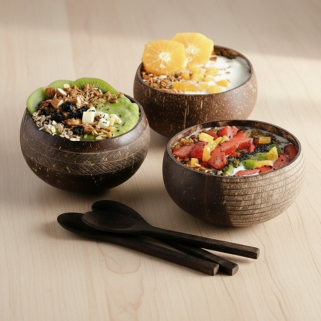 Bols de coco, présentation trio avec des contenus de petits déjeuner sains