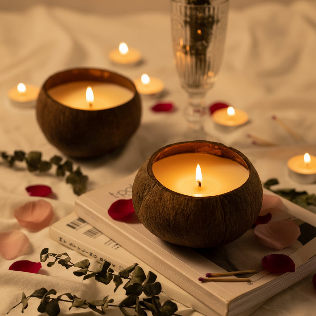 Bougies artisanales en noix de coco posées dans une ambiance romantique – style chaleureux Maison Moka.