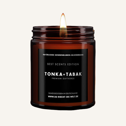 Bougie parfumée Étreinte Ambrée – verre noir, tonka velouté et bois chaud