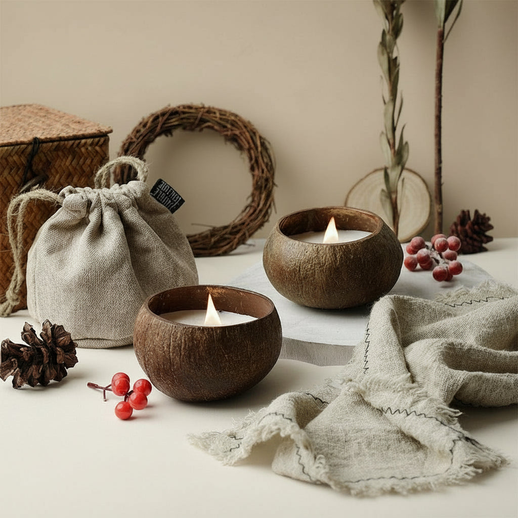 Bougies naturelles en noix de coco accompagnées d’un pochon en coton, présentées dans une scène douce et cosy.
