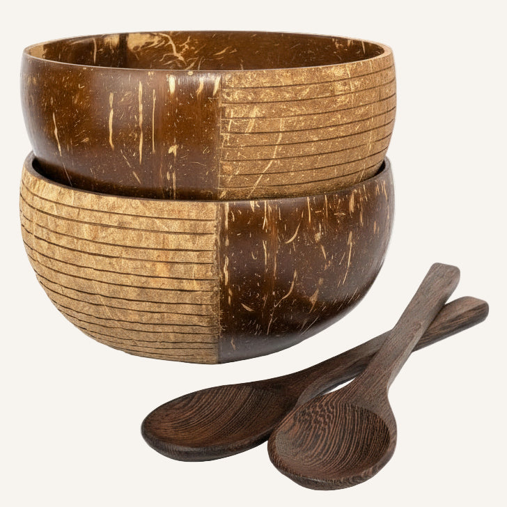 Set de deux bols en noix de coco artisanaux avec cuillères – Maison Moka