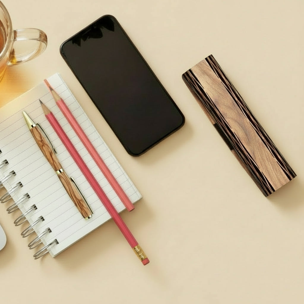 Stylo artisanal en bois d’olivier avec coffret, posé sur un bureau élégant aux tons naturels – scène lifestyle Maison Moka